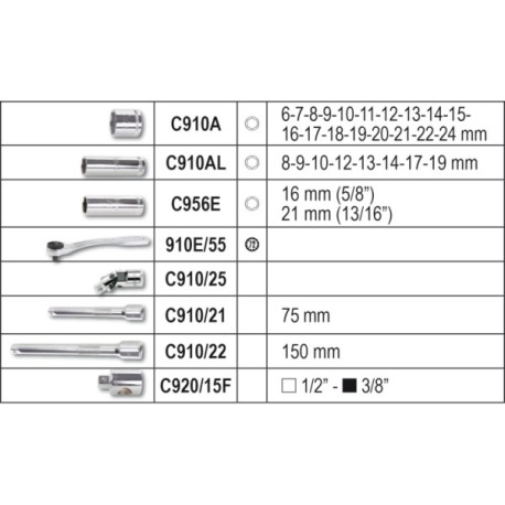 Medium Sortiment mit Sechskant-Steckschlüsseln 3/8''